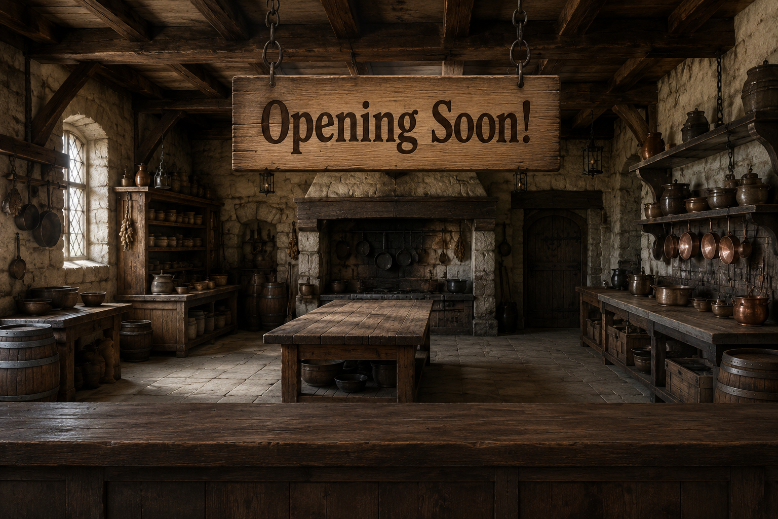 A rustic kitchen with an opening soon sign